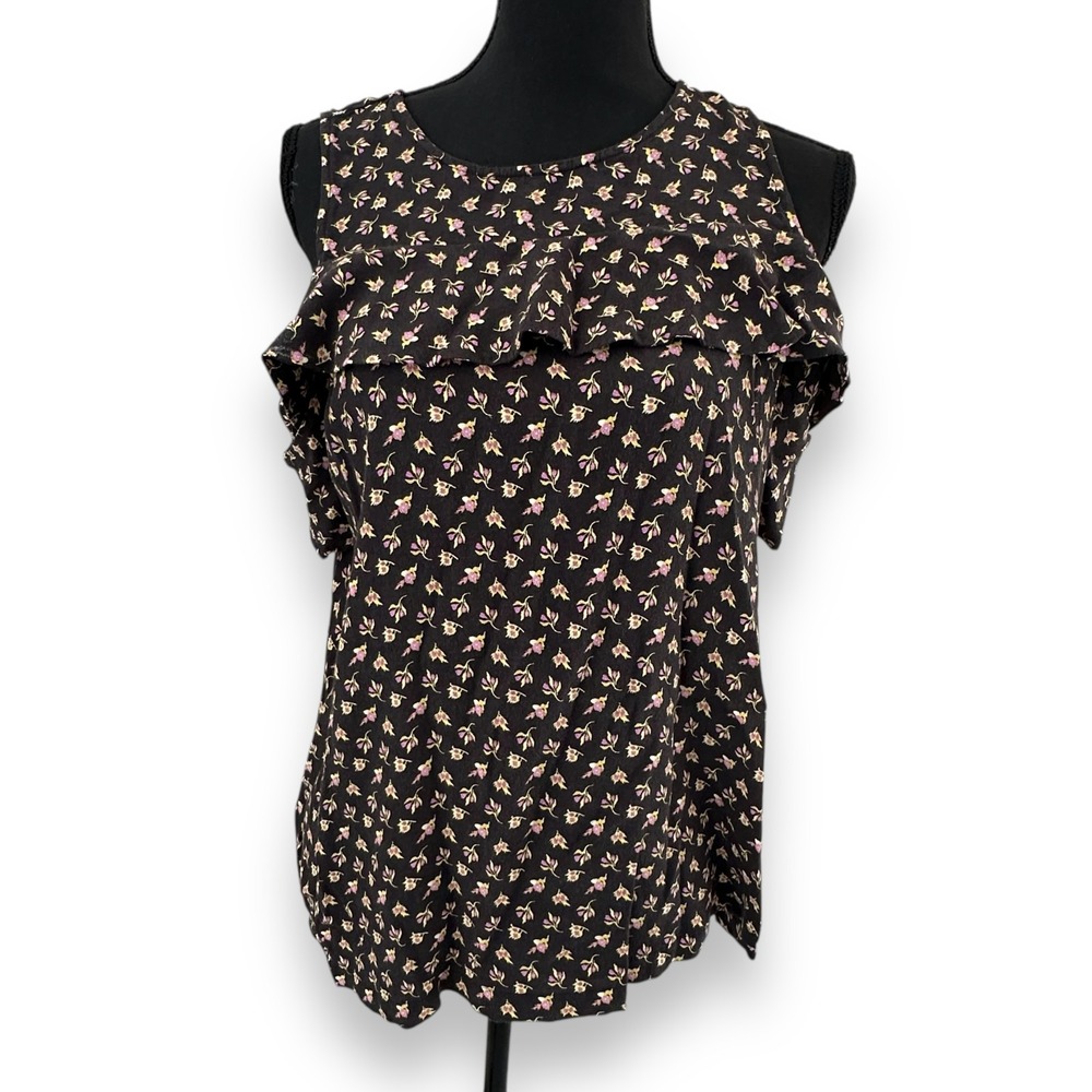 LOFT Black Floral Cold Shoulder Ruffle Blouse Top - Size Medium Black Rayon